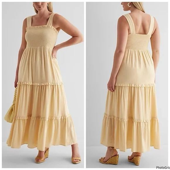 Express Square Neck Smocked Tiered Linen Maxi Dress XL Mustard - Picture 1 of 8